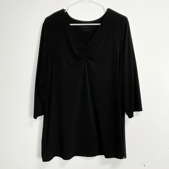 Susan Graver Tops - Susan Graver Blouse Womens Size 1X Black Ruched VNeck 3/4 Sleeve Stretch